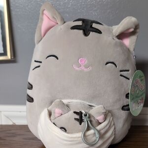 Squishmallows Gray and Pink Cat Plush with Pouch